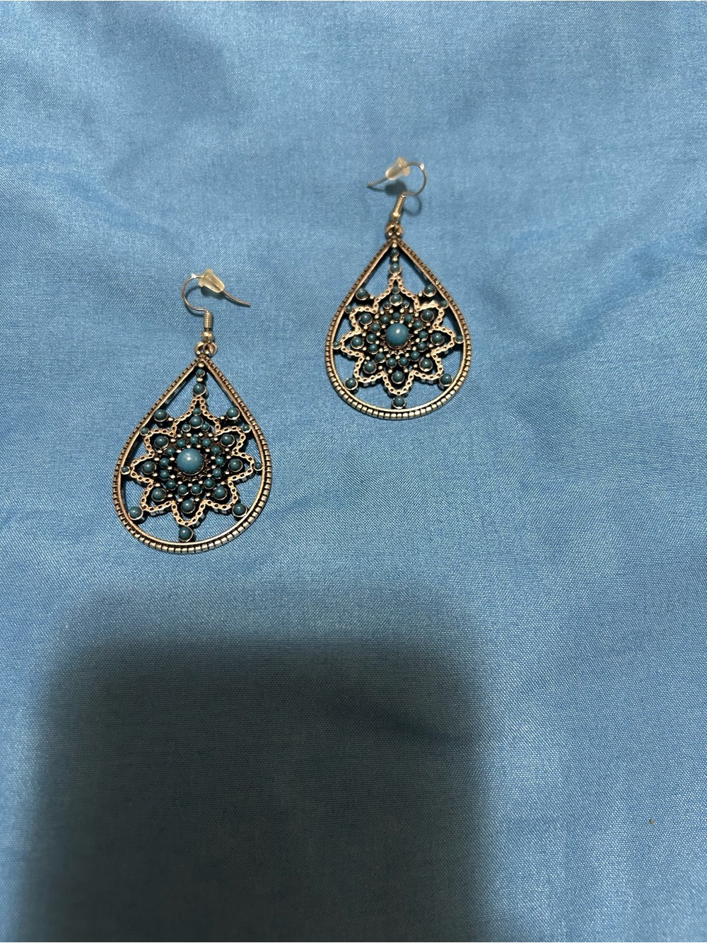Turquoise Filigree Teardrop Dangle Earrings - Blue
